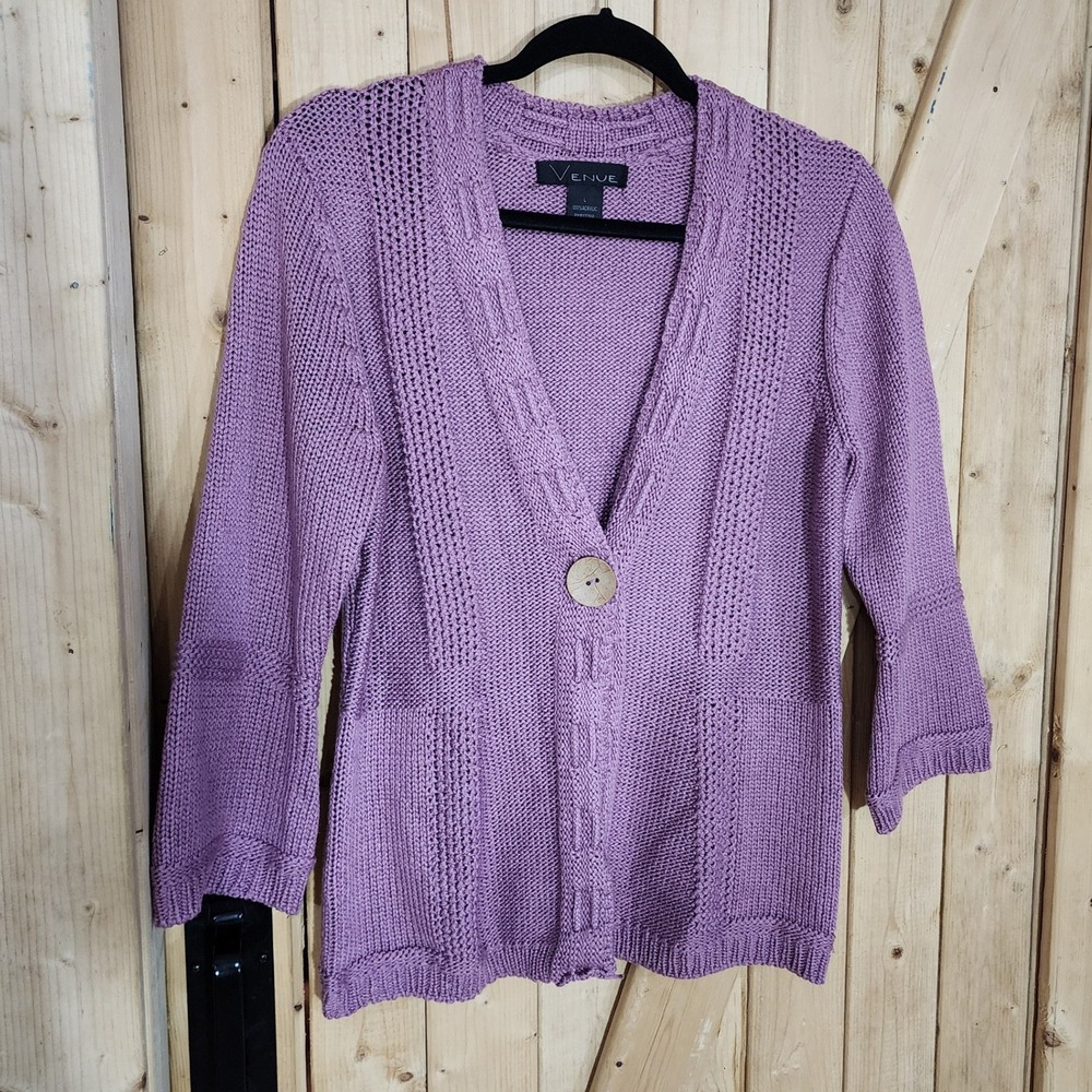 Venue Purple Knit Cardigan Sweater Single Button V-Neck Large EUC fall